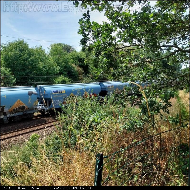Photo du 09/08/2026 : Passage d'un céréalier dans la tranchée St-Mathurin, à proximité de la gare de Servon-sur-Vilaine, entre les gares de Châteaubourg et Servon-sur-Vilaine, sur la ligne Paris-Brest